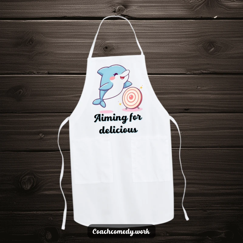 Funny Kawaii dolphin leaping towards a sparkling target while wearing an apron. A humorous and functional cooking accessory.