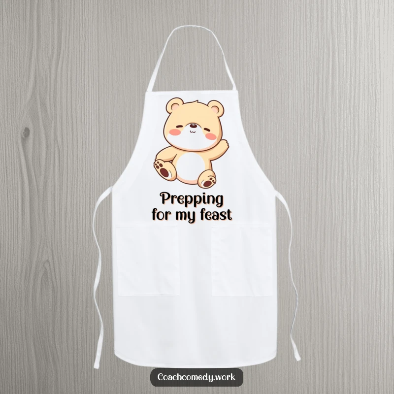Funny Kawaii bear cub in a stretching pose wearing an apron. A humorous and functional accessory for the calm cook.