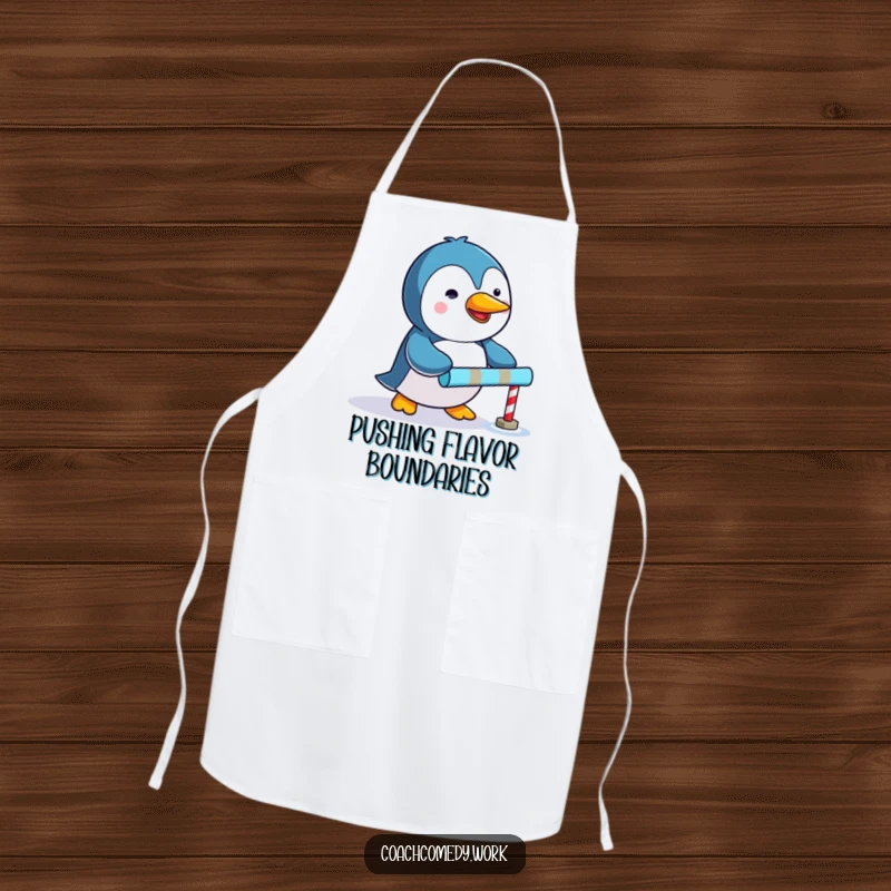Funny Kawaii penguin apron featuring a determined character pushing a tiny colorful goal marker, ideal for kitchen ambition.