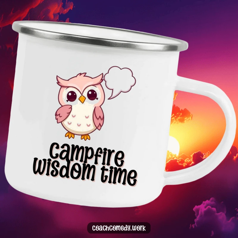 Funny Kawaii Owl Camp Mug: A thoughtful owl pointing to a thought bubble, perfect for contemplation during outdoor adventures.