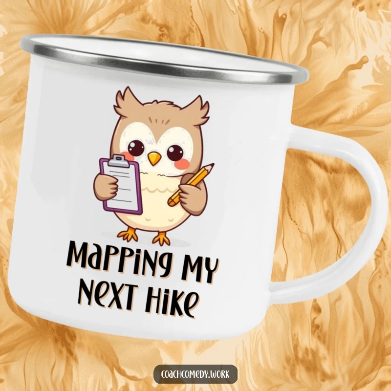 Funny Kawaii owl on a camping mug, clipboard in hand, ready for outdoor adventures. A humorous and sturdy travel companion.