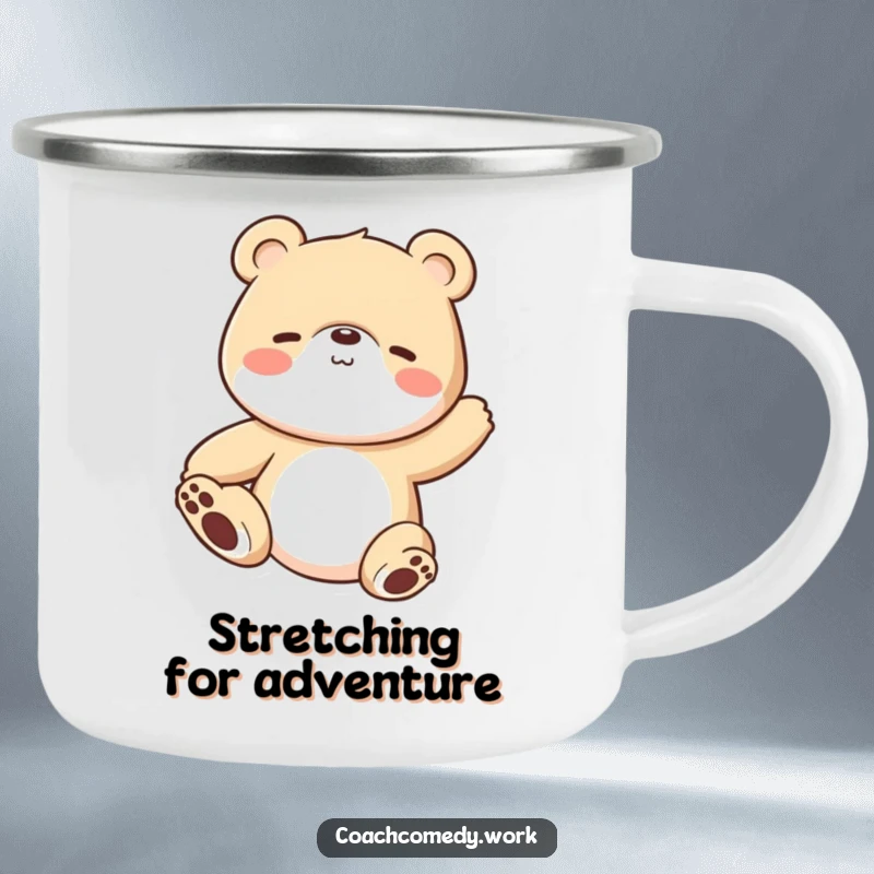 Funny Kawaii bear cub in a stretching pose on a camping mug. A humorous and durable companion for outdoor relaxation.