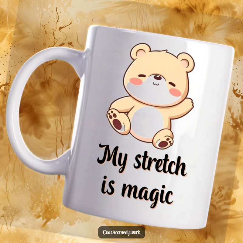 Funny Kawaii bear cub in a gentle stretching pose, embodying focus and tranquility. A cute and humorous mug for relaxation.