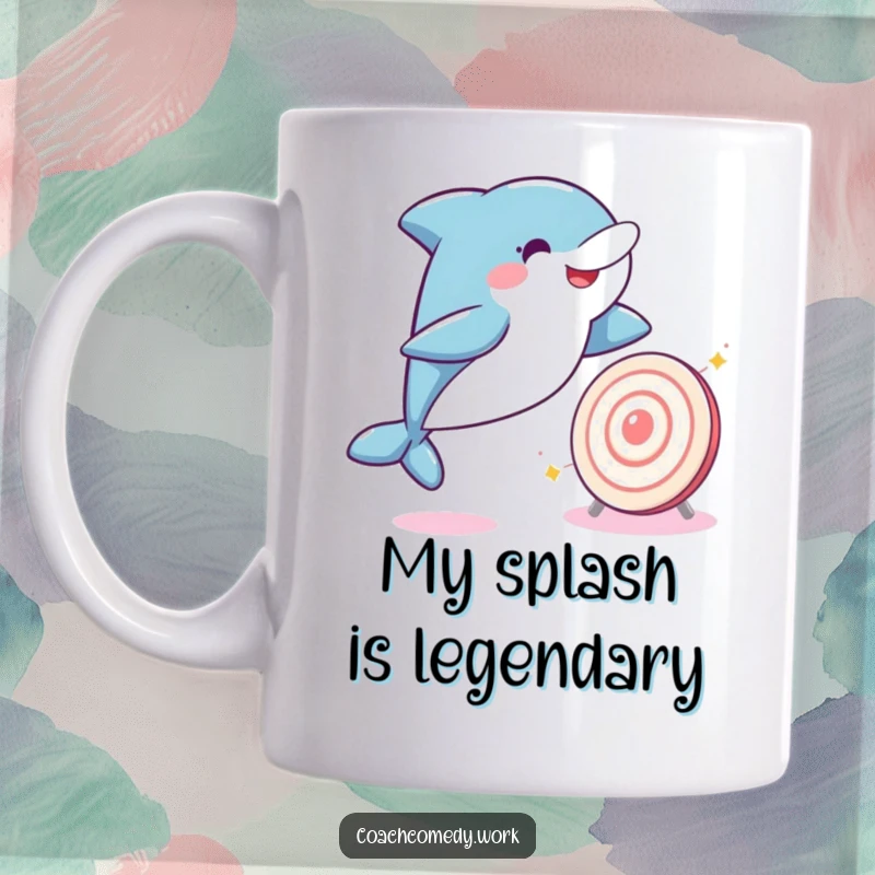 Funny Kawaii dolphin leaping with joy next to a sparkling target, on a mug. A humorous and motivational design.