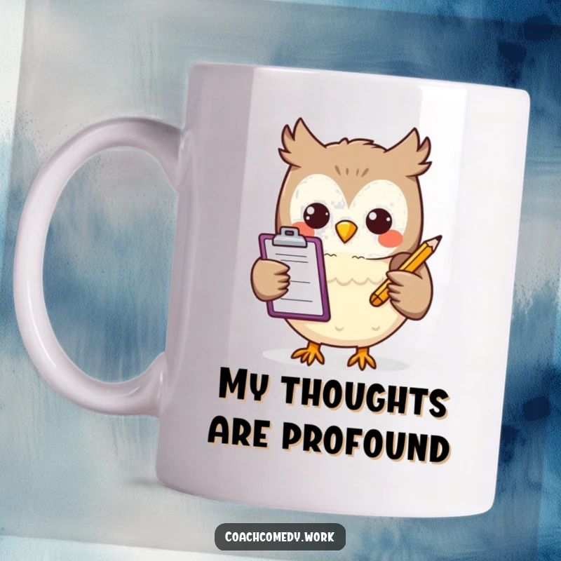 Funny Kawaii owl holding a clipboard and pencil, looking cheerful and ready to organize tasks. A cute and humorous desk companion.