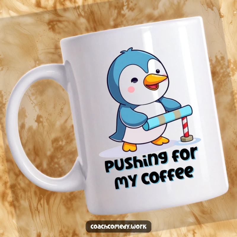 Funny Kawaii penguin mug featuring a determined character enthusiastically pushing a tiny colorful goal marker, perfect gift.