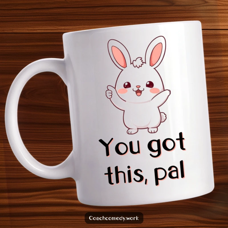 Funny Kawaii Rabbit Mug: A cheerful character giving an encouraging nod, spreading positivity and warmth for screen reader users.