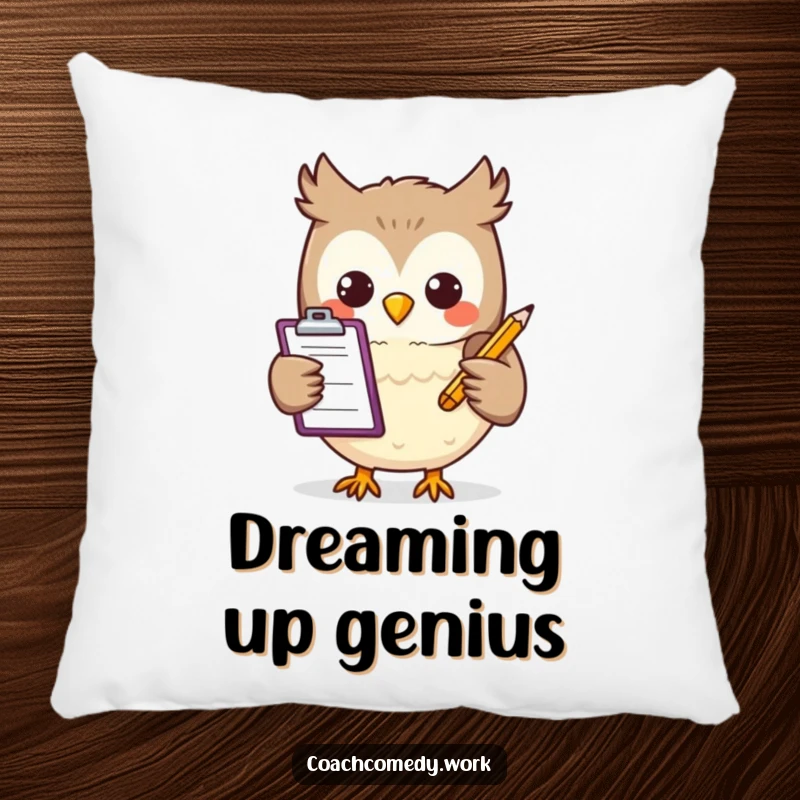 Funny Kawaii owl character with a mini clipboard and pencil, featured on a plush pillow. A cute and humorous home accent.