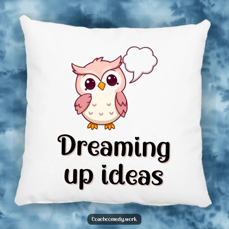 Funny Kawaii Owl Pillow: A thoughtful owl character pointing to a thought bubble, offering comfort and contemplative humor.