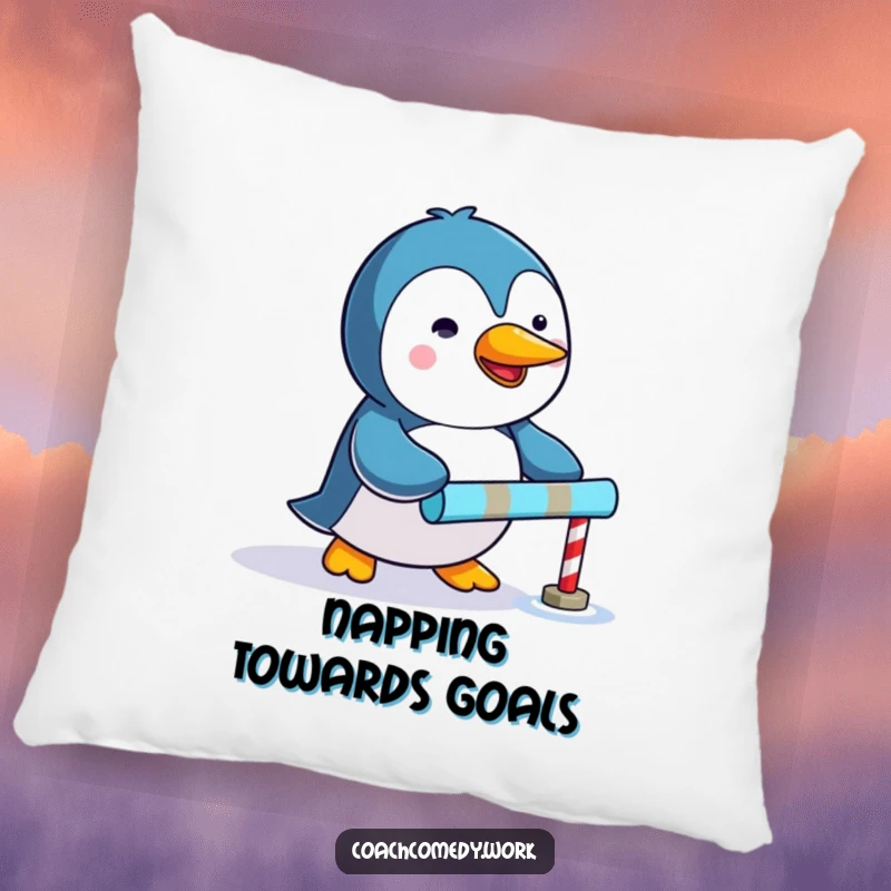 Funny Kawaii penguin pillow showing a determined character pushing a tiny colorful goal marker, soft and decorative.