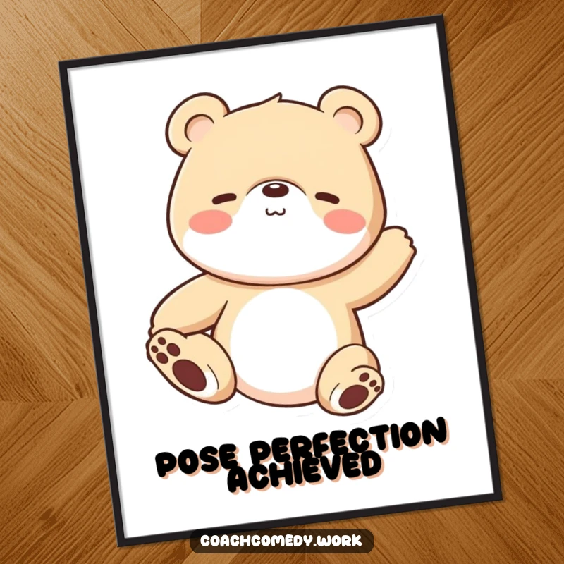 Funny Kawaii bear cub demonstrating a gentle stretching pose in high-quality digital art. A calming and humorous printable design.