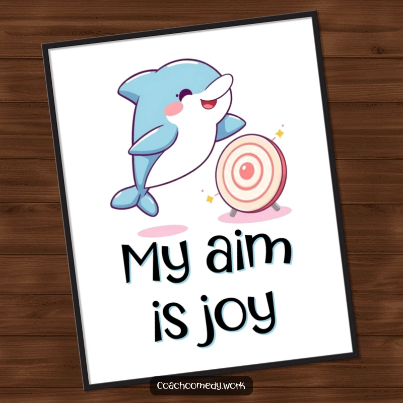Funny Kawaii dolphin character joyfully leaping towards a small, sparkling target in vibrant digital art. A humorous and motivational printable.