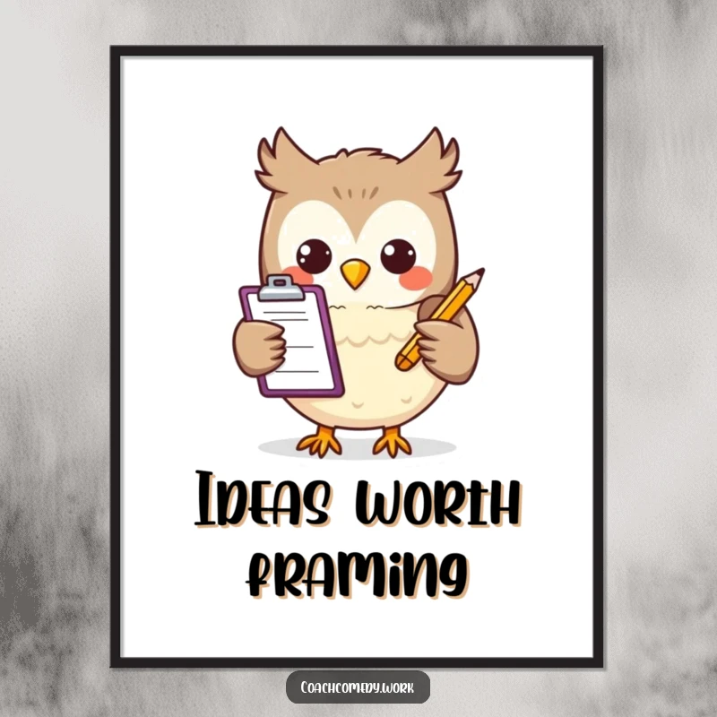Funny Kawaii owl character holding a miniature clipboard and pencil, depicted in vibrant digital art. A cheerful and wise printable.