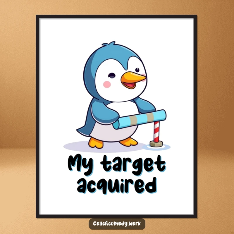 Printable funny Kawaii penguin digital art showing a determined character pushing a tiny colorful goal marker, instant decor.