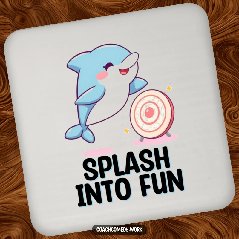 Funny Kawaii dolphin leaping towards a sparkling target on a drink coaster. A humorous and protective accessory.