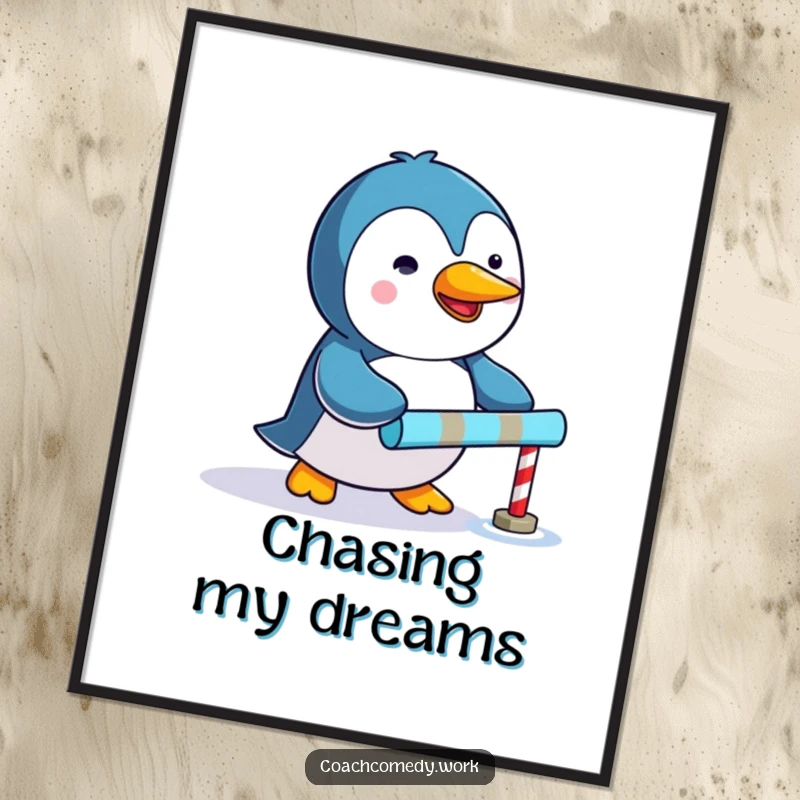 Funny Kawaii penguin poster showing a determined character enthusiastically pushing a tiny colorful goal marker, perfect wall art.