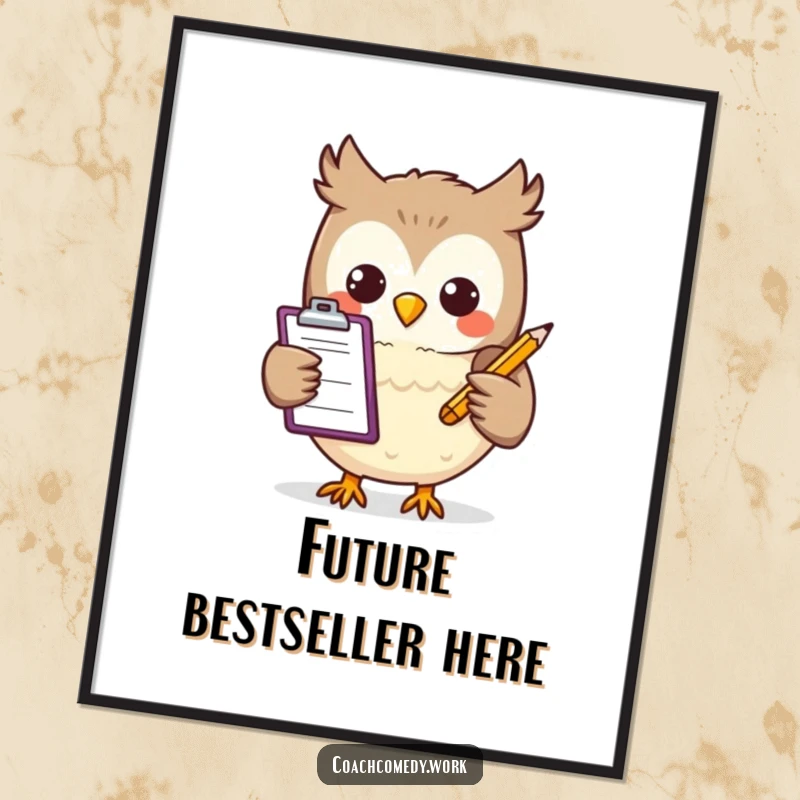 Funny Kawaii owl illustration holding a clipboard and pencil, smiling warmly. A cheerful and educational art print for any room.