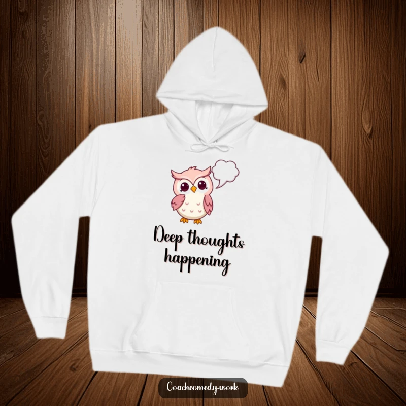 Funny Kawaii Owl Hoodie: A thoughtful owl character pointing to a thought bubble, offering cozy warmth and contemplative humor.