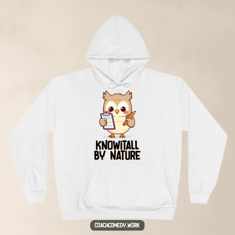 Funny Kawaii owl wearing a hoodie, holding a clipboard and pencil, radiating warmth and intelligence. A cozy and humorous apparel choice.