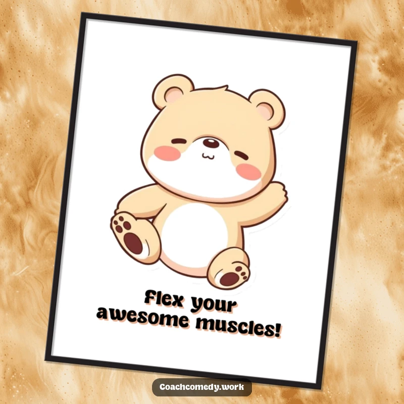 Funny free printable wall art: A calm Kawaii bear cub stretching, offering a zen and humorous vibe to your room.