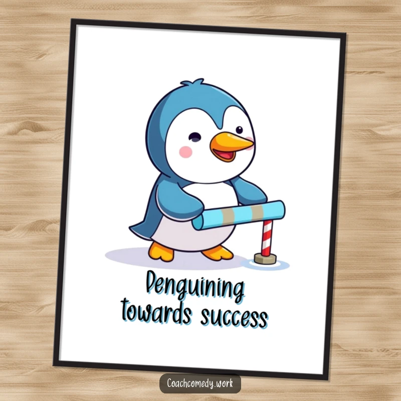 Funny Free Printable Kawaii Penguin Wall Art, enthusiastically pushing a tiny goal marker, a motivational DIY piece.