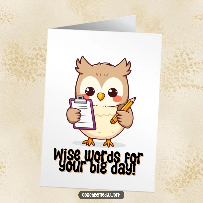 Funny free printable birthday card featuring a cheerful Kawaii owl with clipboard, ready to check off fun.