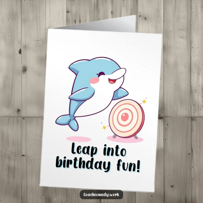 Funny free printable birthday card: A playful Kawaii dolphin leaping joyfully towards a sparkling target, celebrating your birthday.