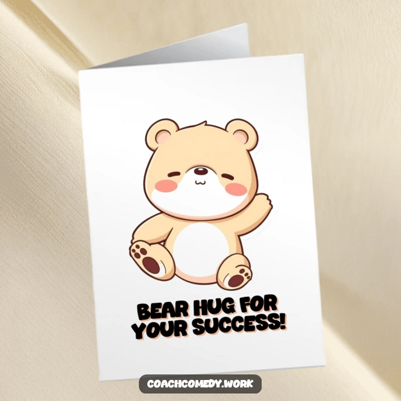 Funny free printable congratulations card: A peaceful Kawaii bear cub stretching gently, celebrating your success with calm humor.