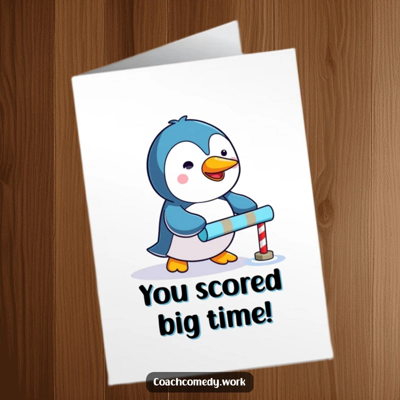 Funny Free Printable Kawaii Penguin Congratulations Card, pushing a colorful goal marker, a DIY celebration of achievement.