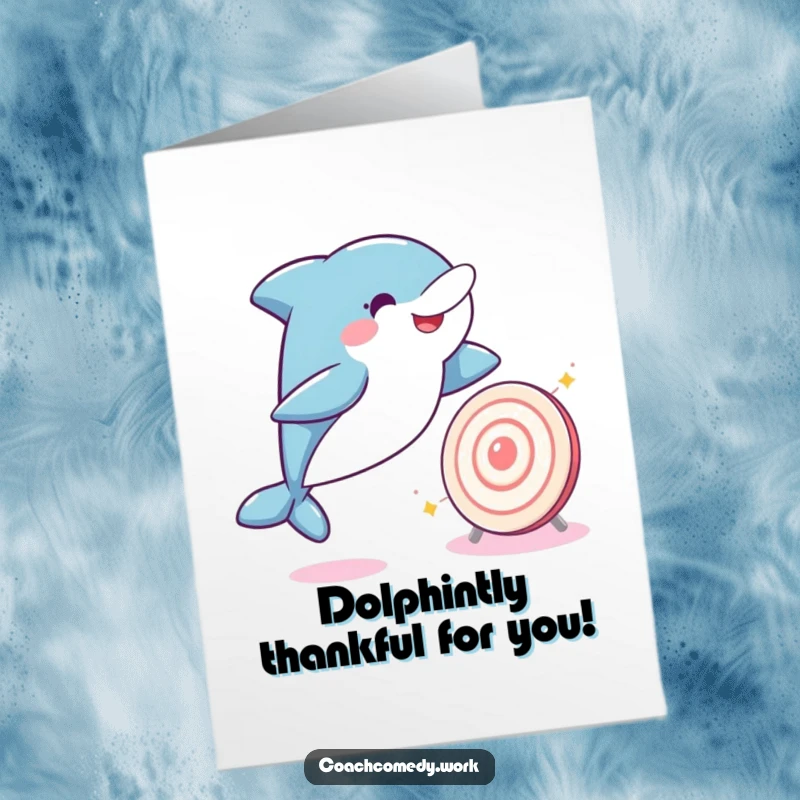Funny free printable thank you card: A joyful Kawaii dolphin leaping, sending bubbly thanks your way.