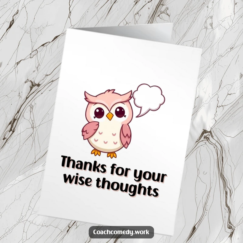 Funny Free Printable Thank You Card: Thoughtful Kawaii owl pointing to a thought bubble, offering deep, DIY gratitude.