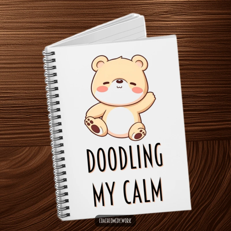 Funny Kawaii bear cub in a stretching pose on a notebook. A humorous and inspiring tool for planning and reflection.