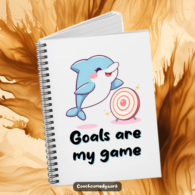 Funny Kawaii dolphin with a sparkling target on a notebook cover. A humorous and inspiring tool for planning and achieving goals.