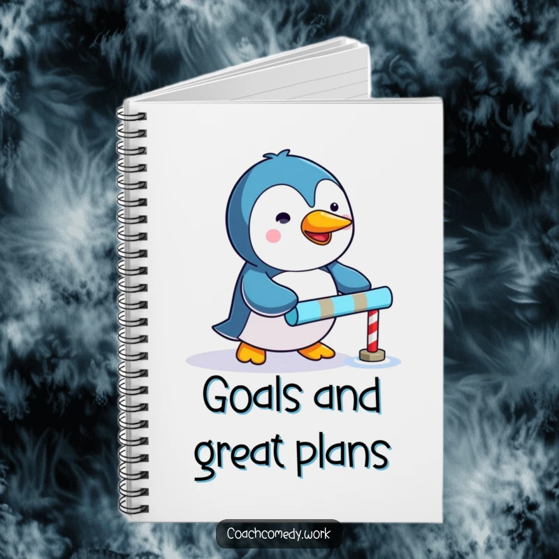 Funny Kawaii penguin notebook showcasing a determined character pushing a tiny colorful goal marker, perfect for notes.