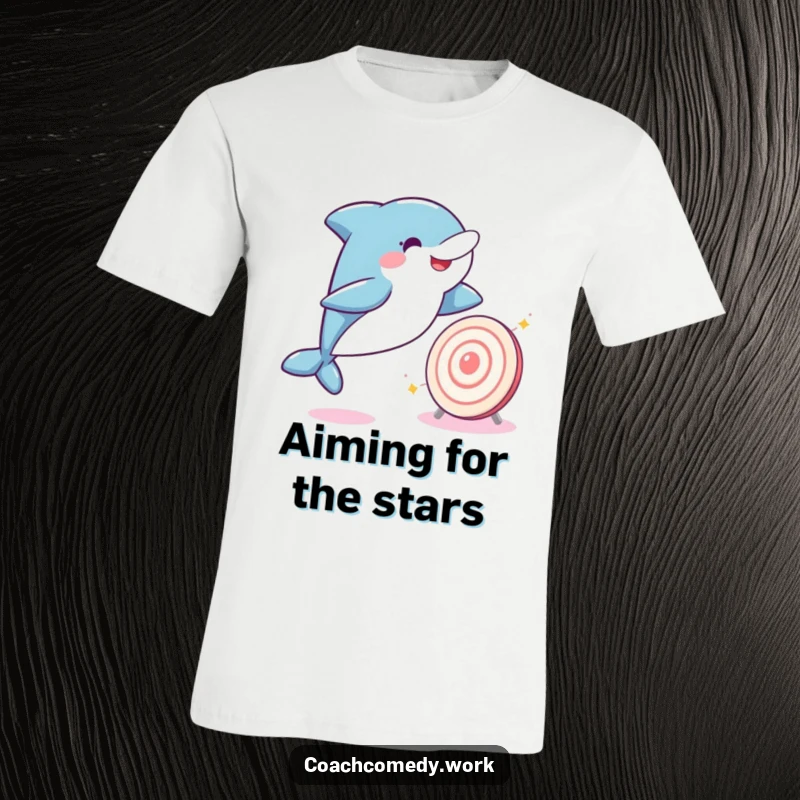 Funny Kawaii dolphin character joyfully leaping towards a sparkling target on a t-shirt. Humorous and aspirational apparel.