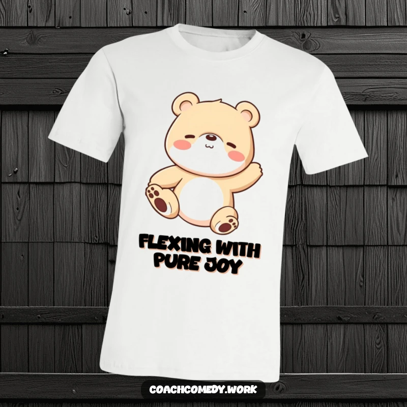 Funny Kawaii bear cub character performing a gentle stretch on a t-shirt. A humorous and relaxing design for active people.