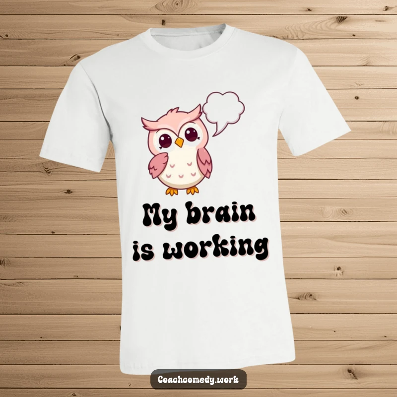 Funny Kawaii Owl T-Shirt: A thoughtful owl pointing to a thought bubble, symbolizing contemplation and clever ideas.