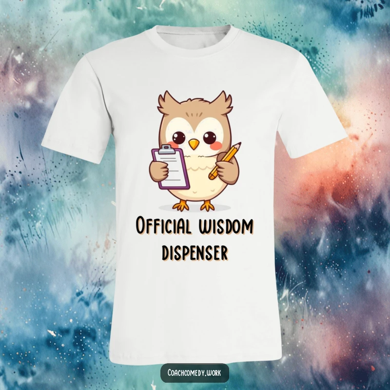 Funny Kawaii owl character with a clipboard and pencil, looking cheerful and wise. A cute and humorous t-shirt for scholars.