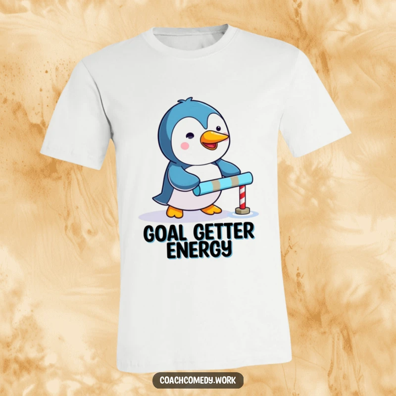 Funny Kawaii penguin t-shirt showing a determined character enthusiastically pushing a tiny colorful goal marker, great gift item.