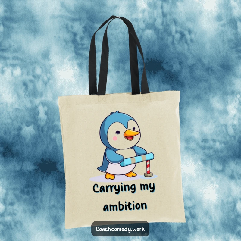 Funny Kawaii penguin tote bag depicting a determined character pushing a tiny colorful goal marker, very useful.