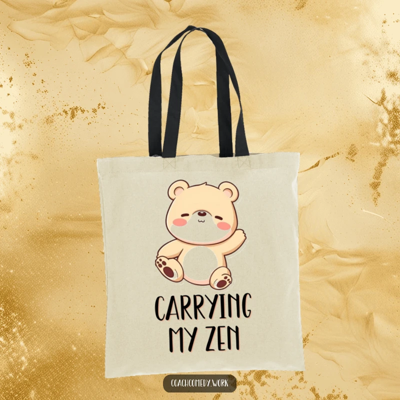 Funny Kawaii bear cub in a stretching pose on a tote bag. A humorous and practical accessory for carrying daily items.