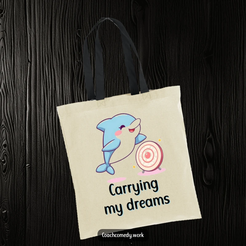 Funny Kawaii dolphin leaping with joy towards a sparkling target on a tote bag. A humorous and practical accessory.