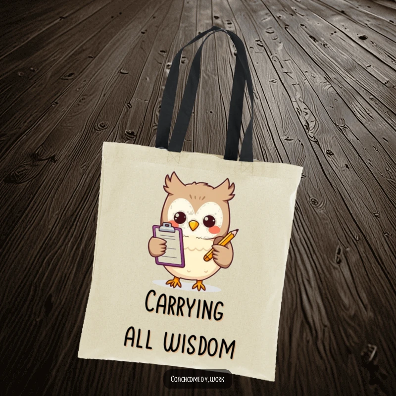 Funny Kawaii owl character with a clipboard and pencil on a tote bag, designed for cheerful organization. A humorous and practical accessory.